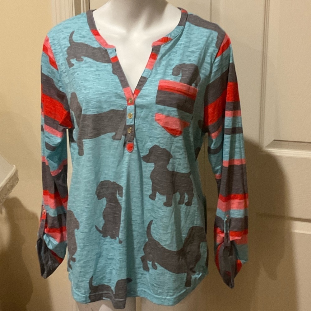 Caribbean Joe Teal and Red Dog Print Top. NET Large